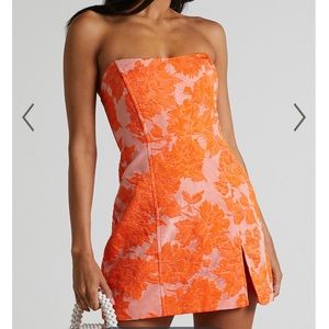 SHOWPO BRAILEY MINI DRESS - STRAPLESS DRESS IN ORANGE JACQUARD